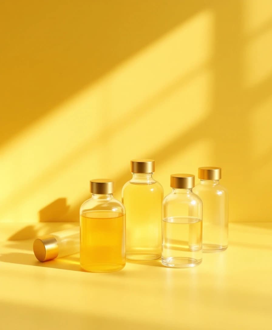 Seven sealed glass vials of differing heights gathered in a loose cluster on a yellow studio background