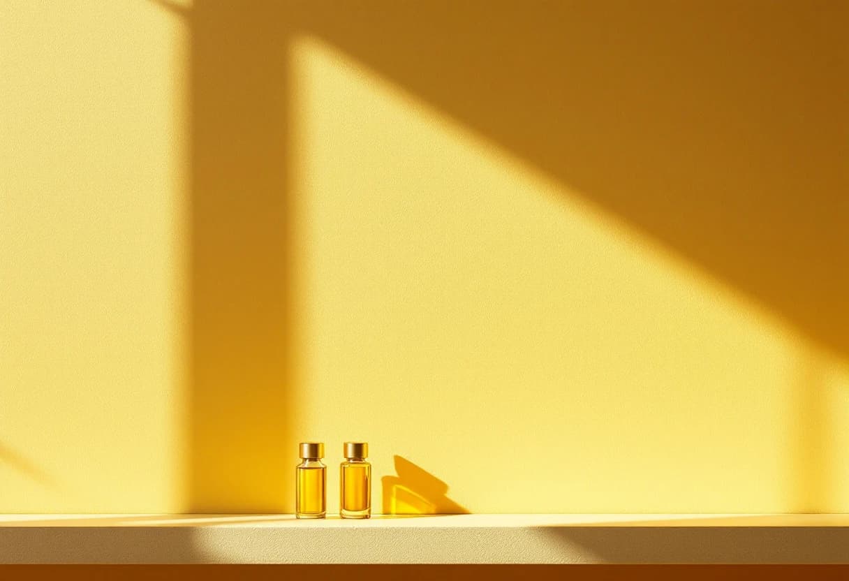 A shaft of warm sunlight across a butter yellow wall, with two sealed glass vials on a shelf below it