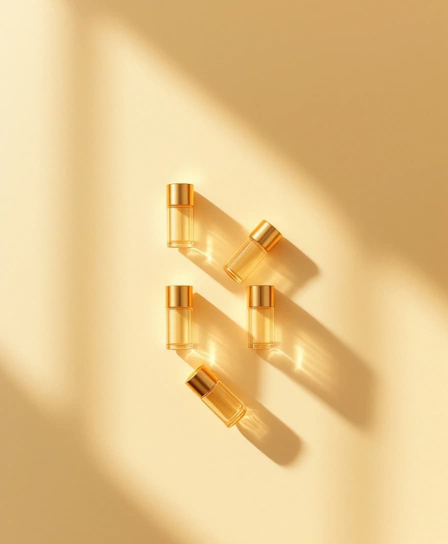 Four sealed glass vials with gold caps in a two by two grid, shot from directly above