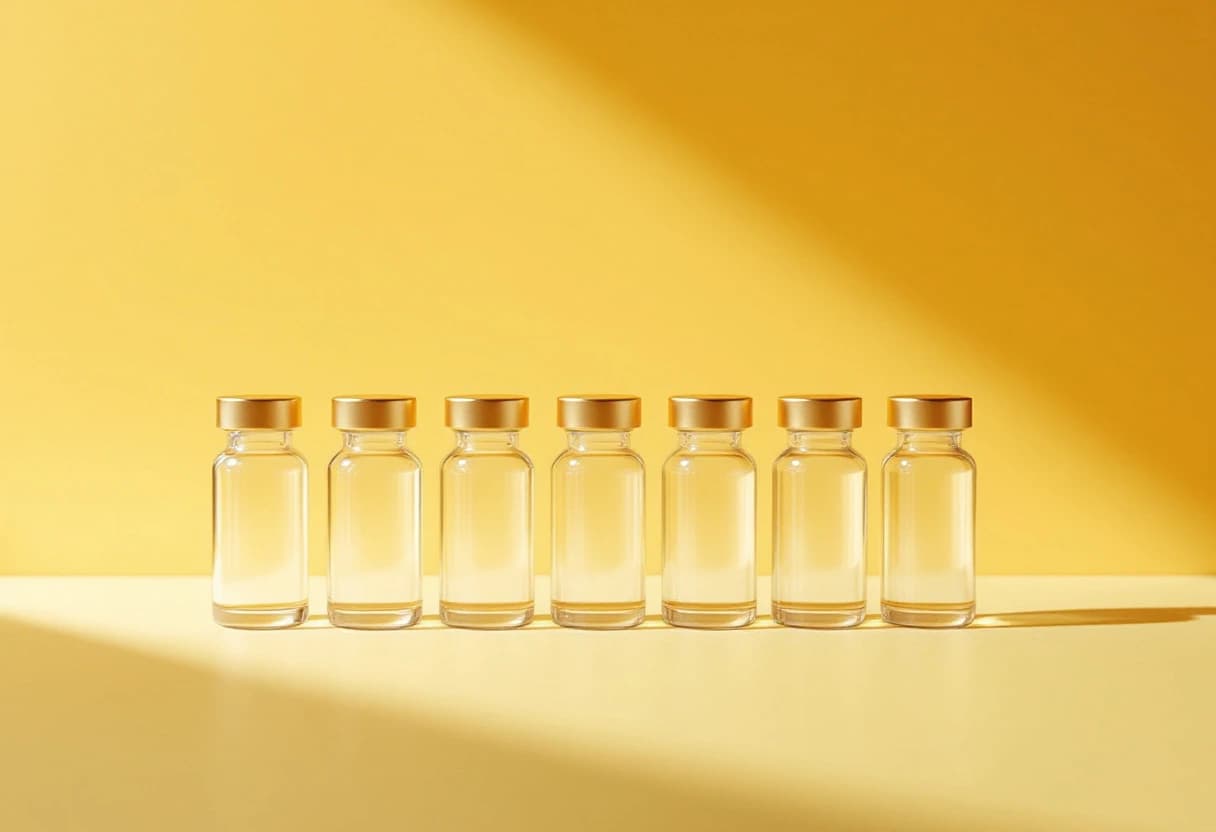 A long row of sealed glass vials standing shoulder to shoulder on a yellow studio background