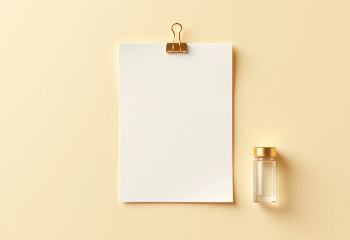 A blank sheet of cream paper held by a gold clip, with a sealed glass vial standing beside it