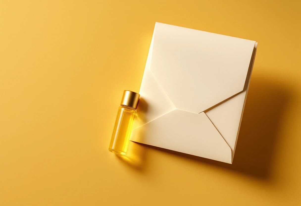 A plain cream paper envelope and a sealed glass vial on a yellow studio background