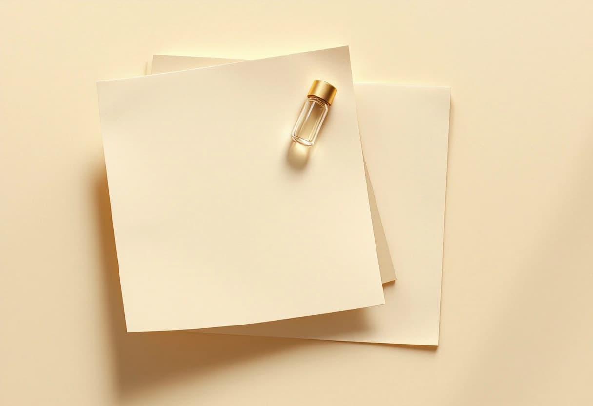 Two blank sheets of cream paper lying flat with a sealed glass vial resting on one corner