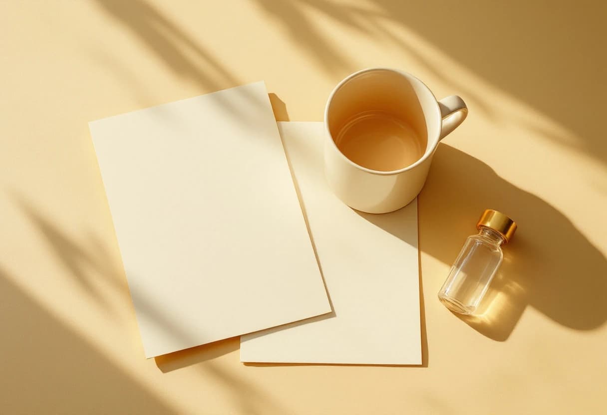 Two blank sheets of paper, an empty ceramic cup and a sealed glass vial on a parchment desk
