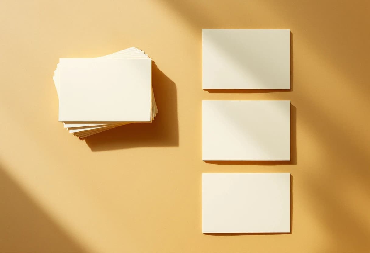 A stack of blank cream index cards beside three separated blank cards, shot from above