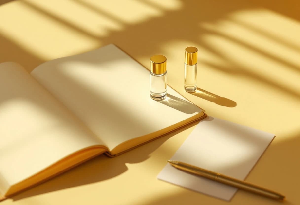 An open notebook with blank pages, a sealed glass vial and a brass pen on a cream desk