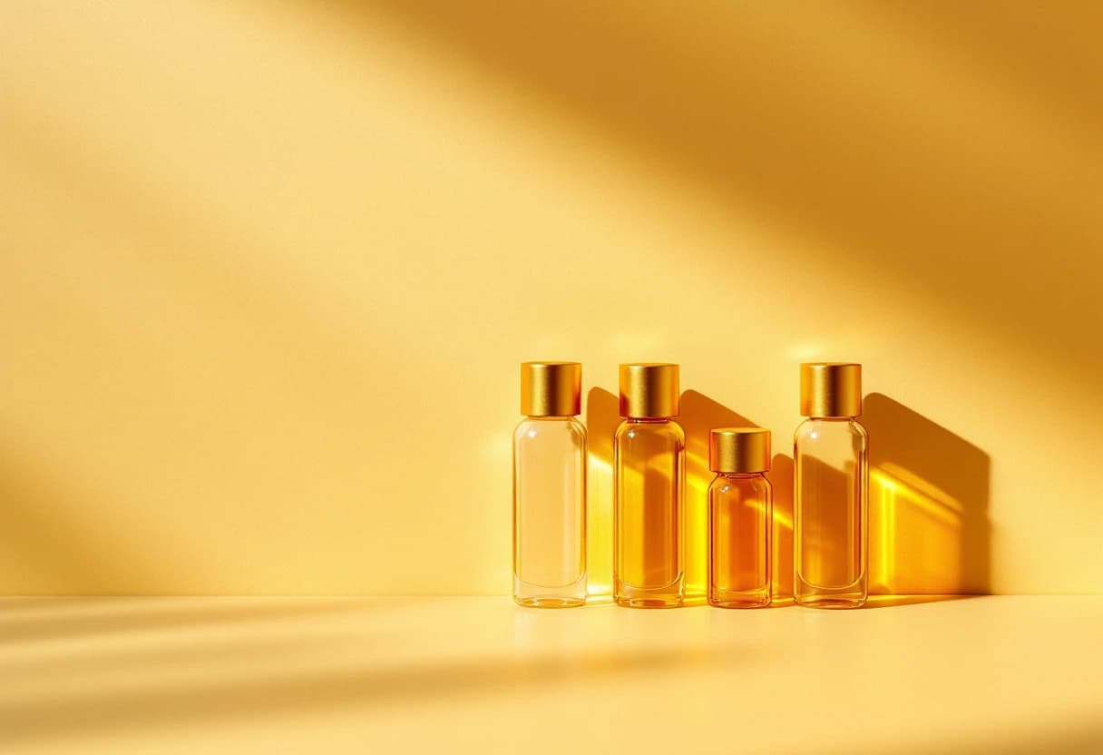 Three separate clusters of sealed glass vials spaced apart on a warm sand background, photographed from above