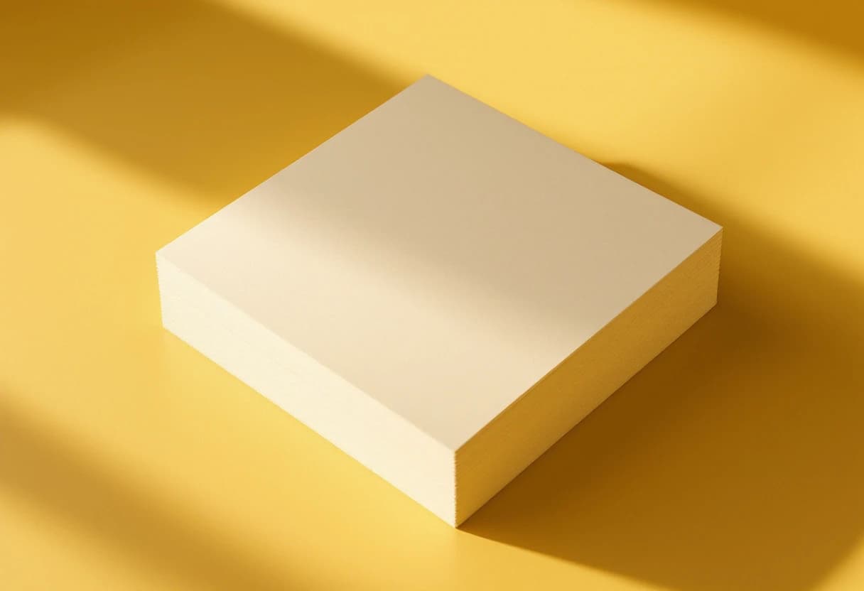 A neat stack of blank cream sheets on a butter yellow surface, shot from above