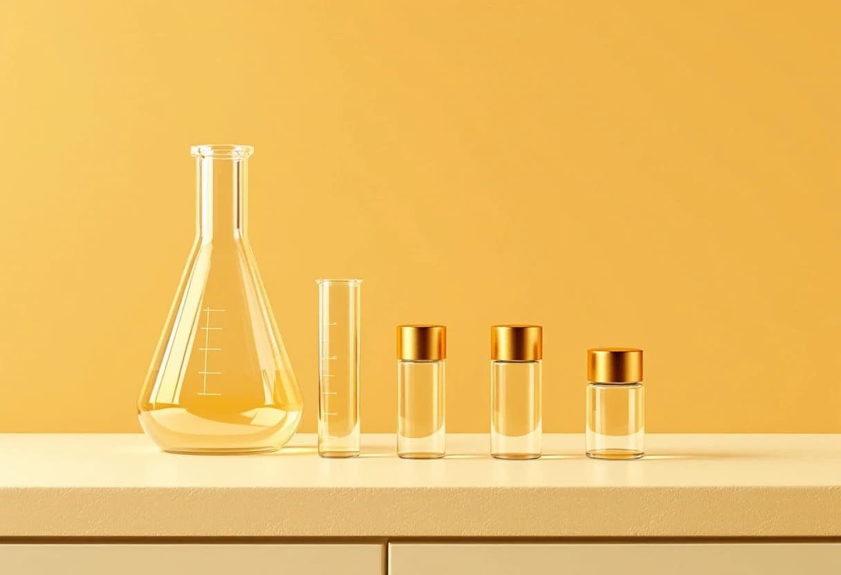 A glass volumetric flask, a graduated cylinder and three sealed glass vials arranged in a line on a pale bench