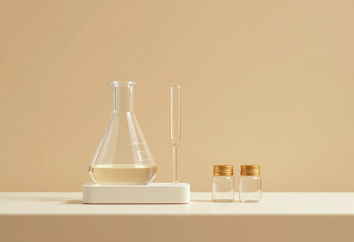 Laboratory glassware and two sealed vials on a pale bench
