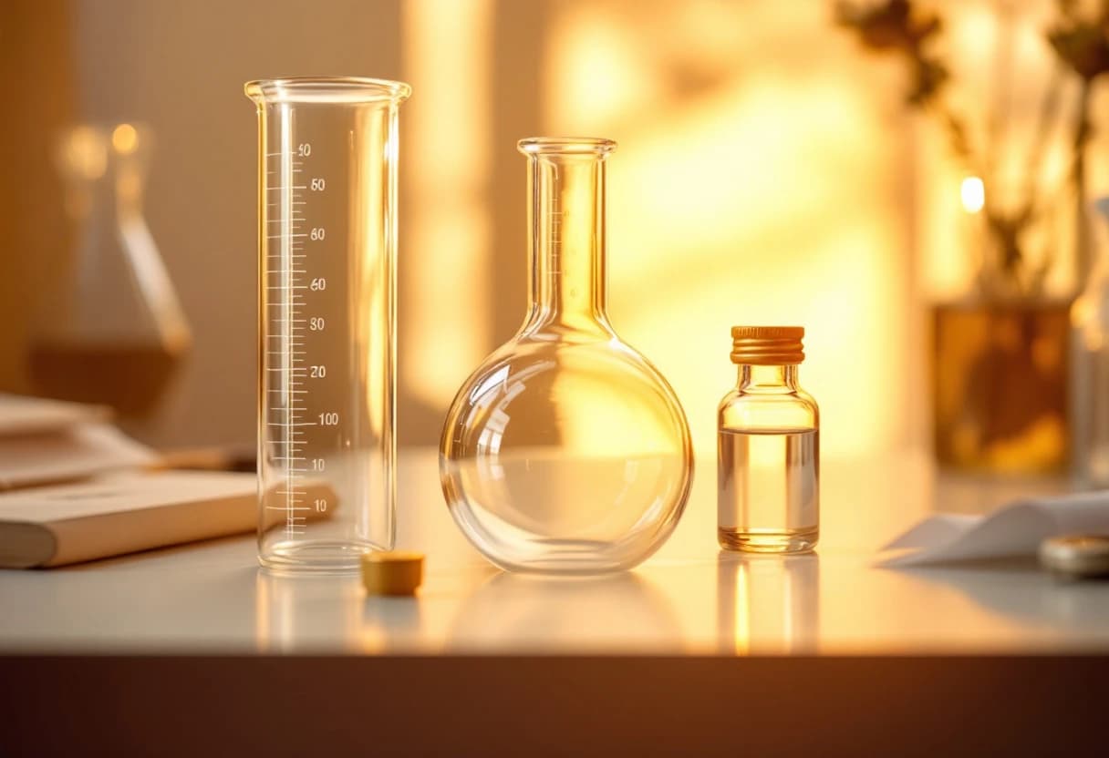 A graduated glass cylinder, a round flask and a sealed vial on a pale bench in warm backlight