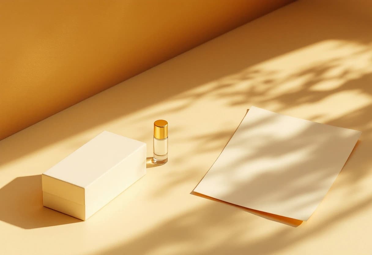 An unmarked cream box with its lid beside it, a sealed glass vial and a blank sheet of paper