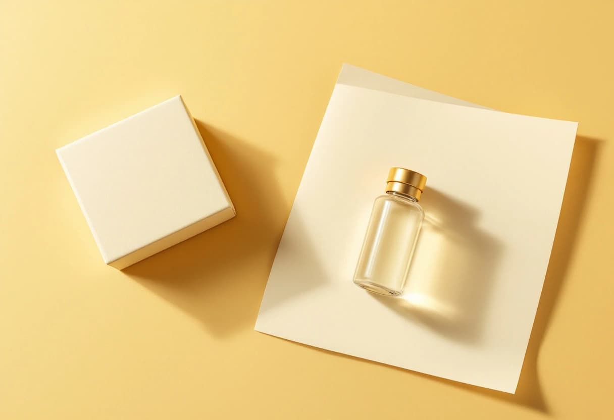 A plain cream box, a folded sheet of paper and a sealed glass vial in raking light