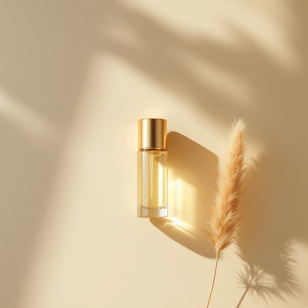One sealed glass vial with a gold cap beside a single dried grass stem on a cream background