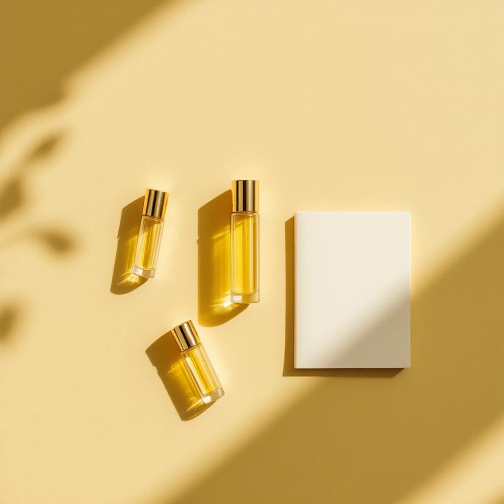Several sealed glass vials with gold caps photographed from above beside a blank folded card