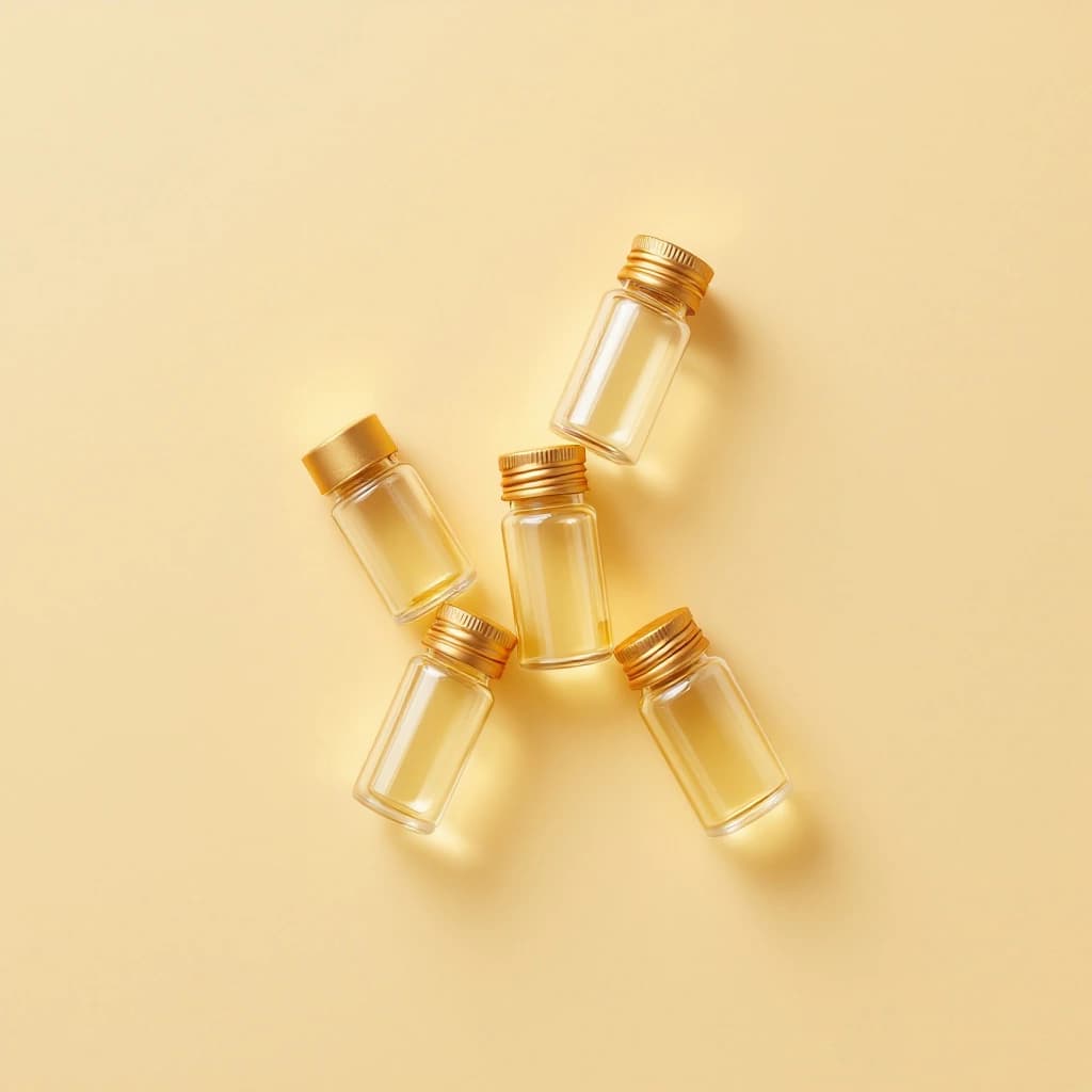 Five sealed glass vials scattered and photographed from above on a warm parchment background