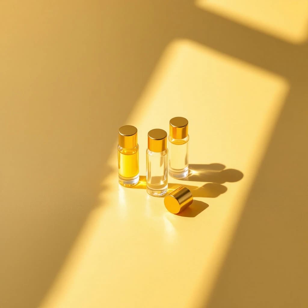 Three sealed glass vials with gold caps arranged in a triangle on an amber background