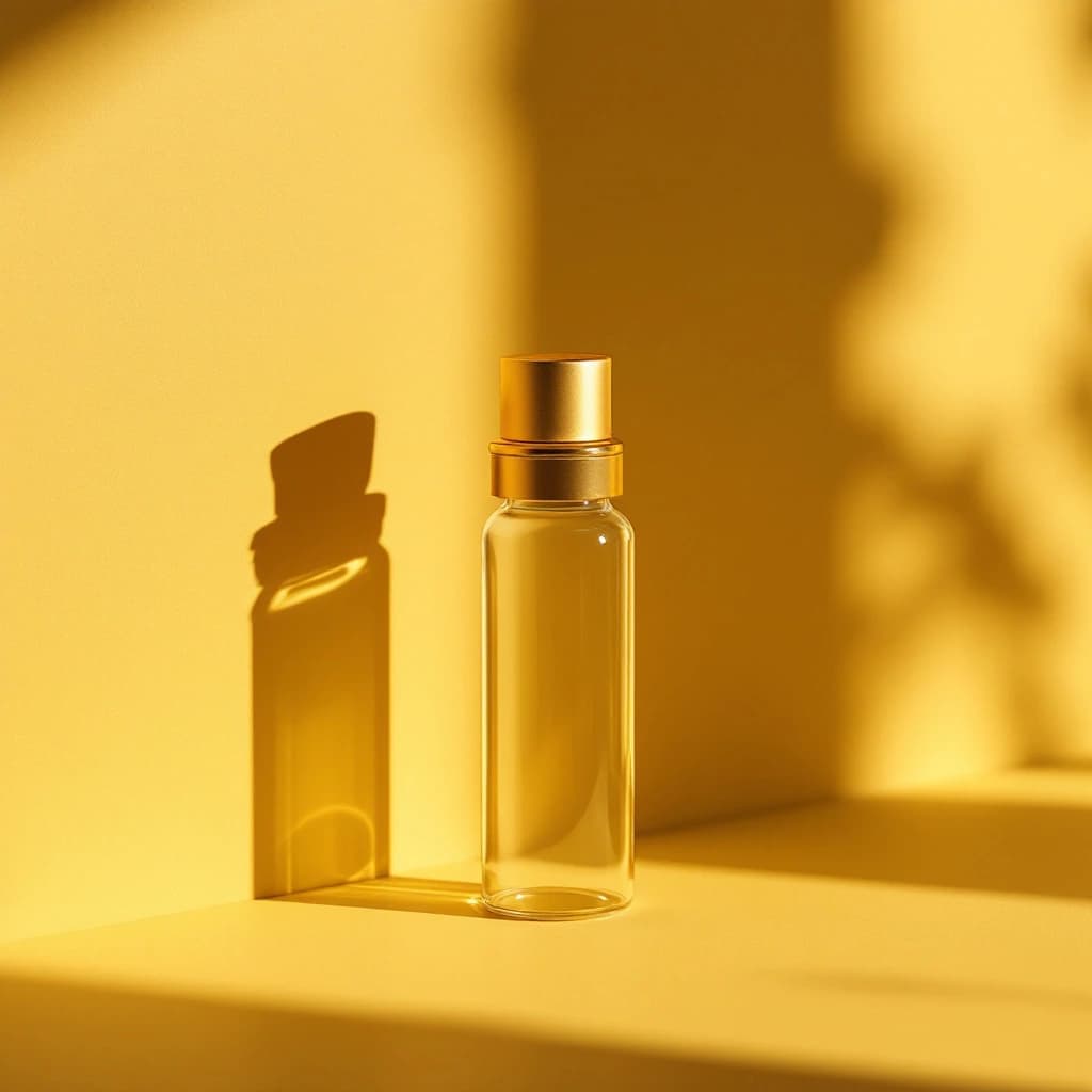 A single sealed glass vial casting a long shadow on a yellow background