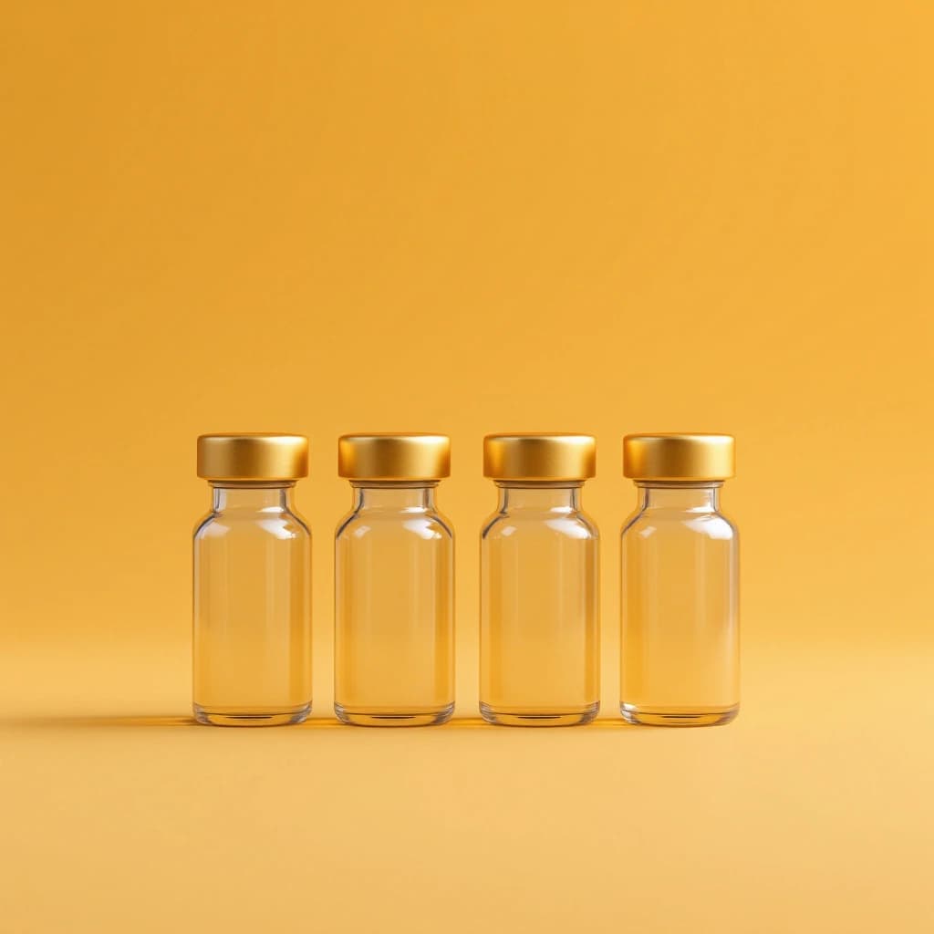 Four sealed glass vials standing in a row on a warm amber background