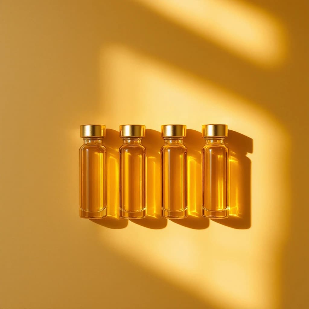 Four sealed glass vials with gold caps standing in an evenly spaced row on warm parchment