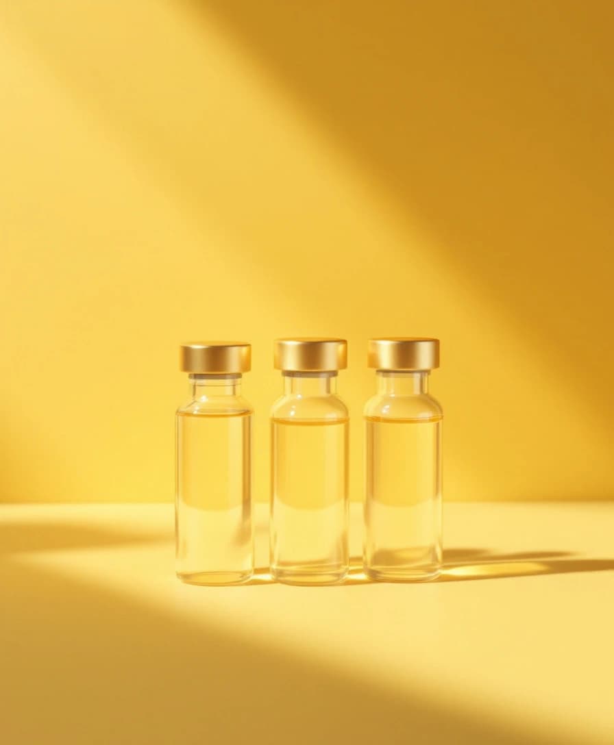 Three sealed glass vials with gold caps on a yellow studio background