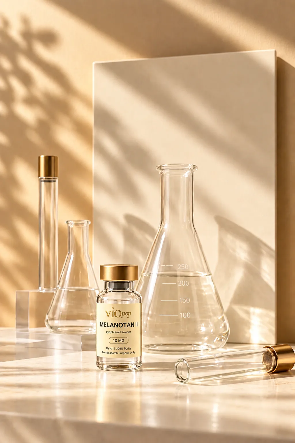 A labeled viopep vial in front of glass laboratory flasks and a cream panel, in warm dappled light